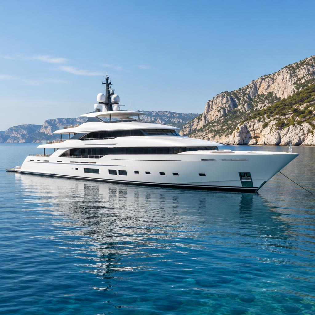 AI-generated illustrative superyacht in a Mediterranean bay