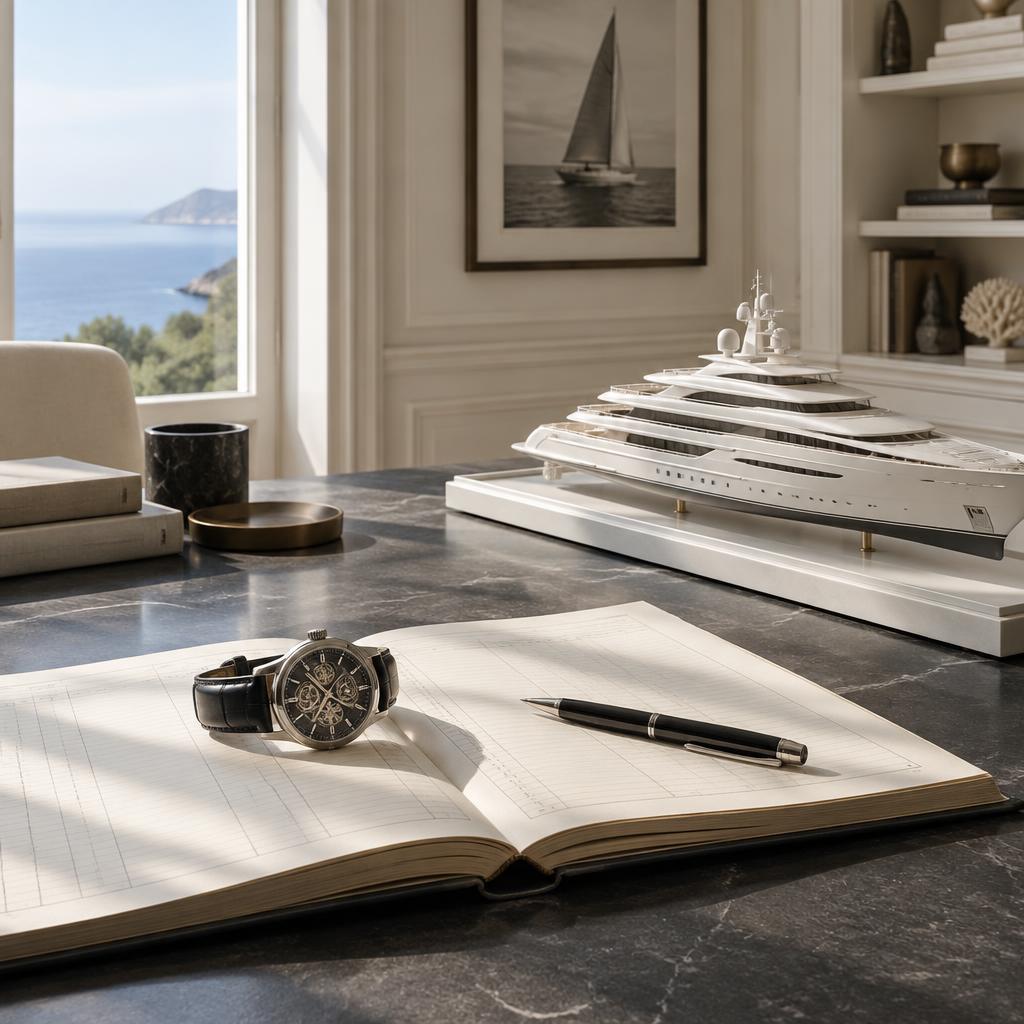 AI-generated illustrative watch and yacht model in a study